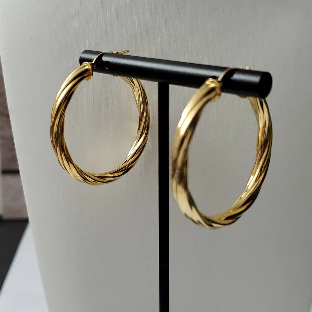 18K Gold Italian Twisted Plated (?) Hoop Earrings - Picture 2 of 7
